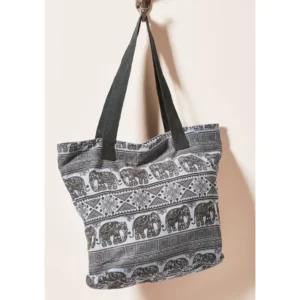Shoulder Bag Black Handles - Cotton - Elephant Design