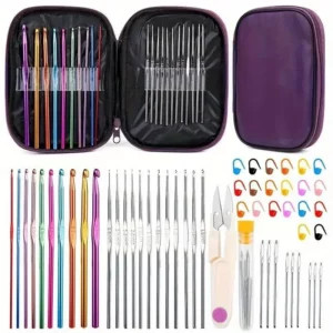 Crochet Hook Set in Case with Stitch Markers, Scissors & needles