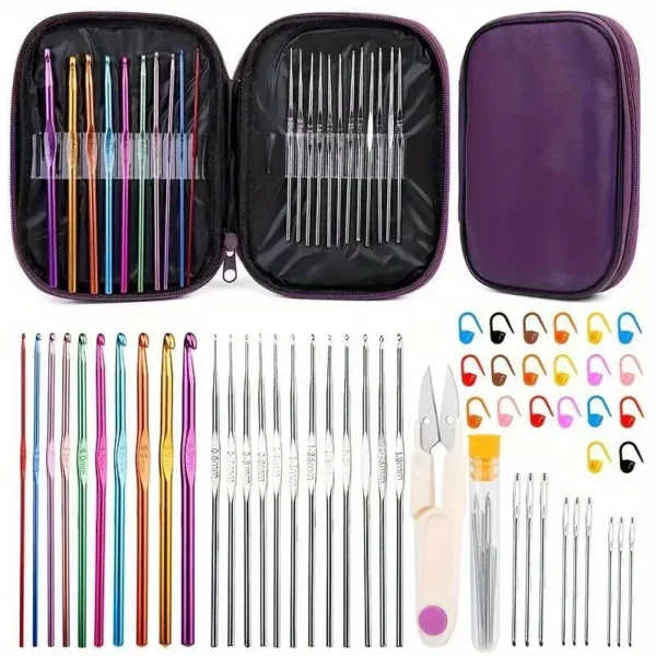 Crochet Hook Set in Case with Stitch Markers, Scissors & needles